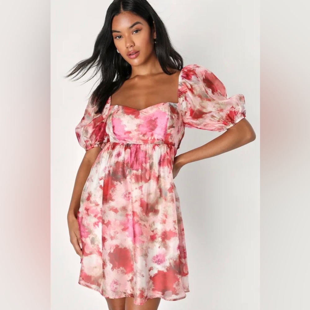 Lulu's Pink Ruched Mini Sundress with Puff Sleeves